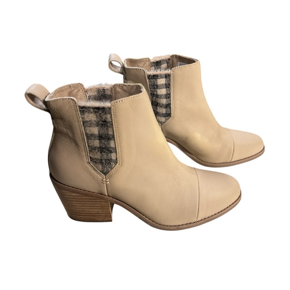 TOMS Everly Chelsea Ankle Boot Natural Cream Leather Plaid Gusset - Size 8.5